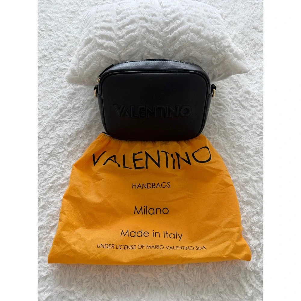 Valentino Camera Bag Womens Small Leather Embossed Logo Black Excellent